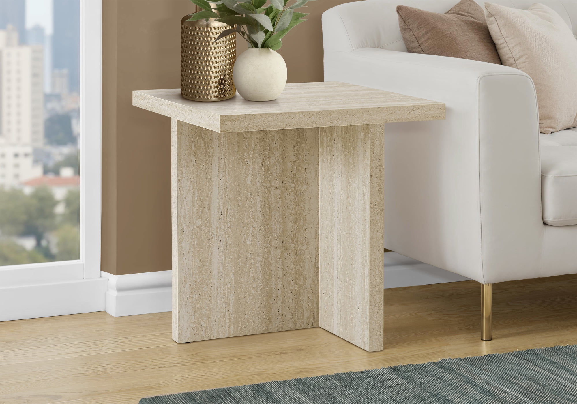 Monarch Specialties - I 2892 Accent Table, 24"H, End, Bedroom, Travertine Stone-Look Laminate