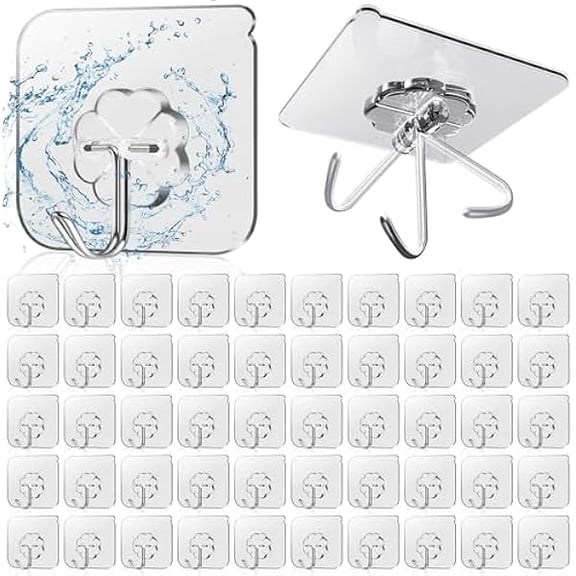 50 Pack Sticky Hooks for Hanging Heavy Duty, Wall Hook Adhesive, Transparent self Adhesive Hooks for Wall, Kitchen, Bathroom & Ceiling - Heavy Duty Wall Hangers Without Nails Self-Adhes