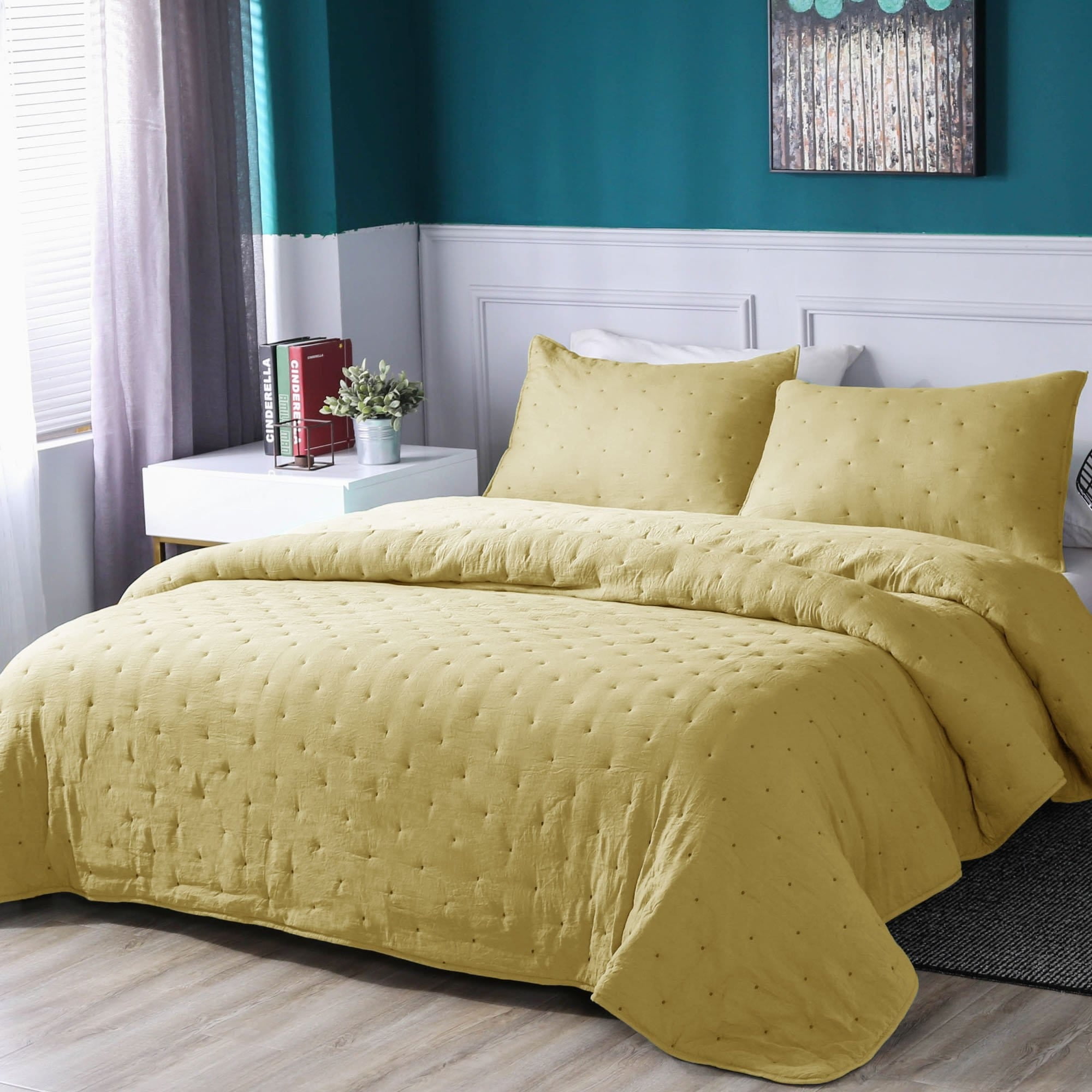 Kasentex  3-Piece Quilt Set Ultra Soft Microfiber Stone-Washed Lightweight All Season Yellow Queen