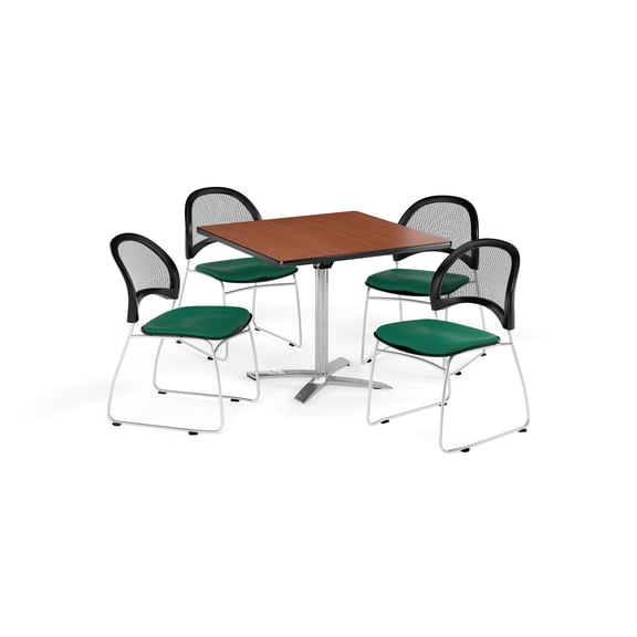 OFM Multi-Use Break Room Package, 42" Square Flip-Top Table with Moon Stack Chairs, Cherry Finish with Shamrock Green Seats (PKG-BRK-172)