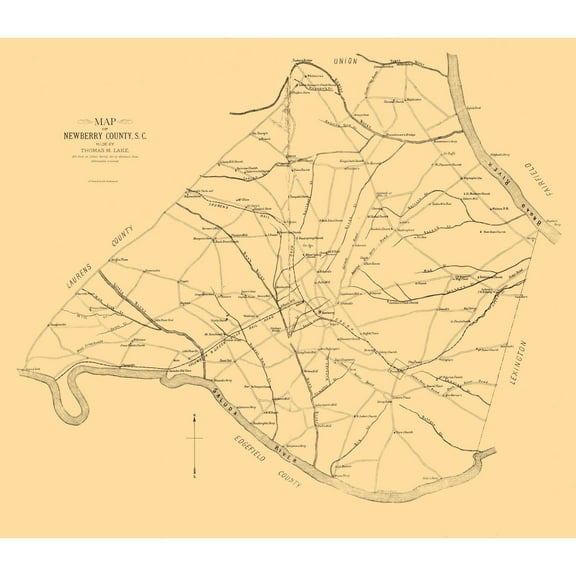 Historic County Map - Newberry County South Carolina - Lake 1887 - 26.46 x 23 - Vintage Wall Art