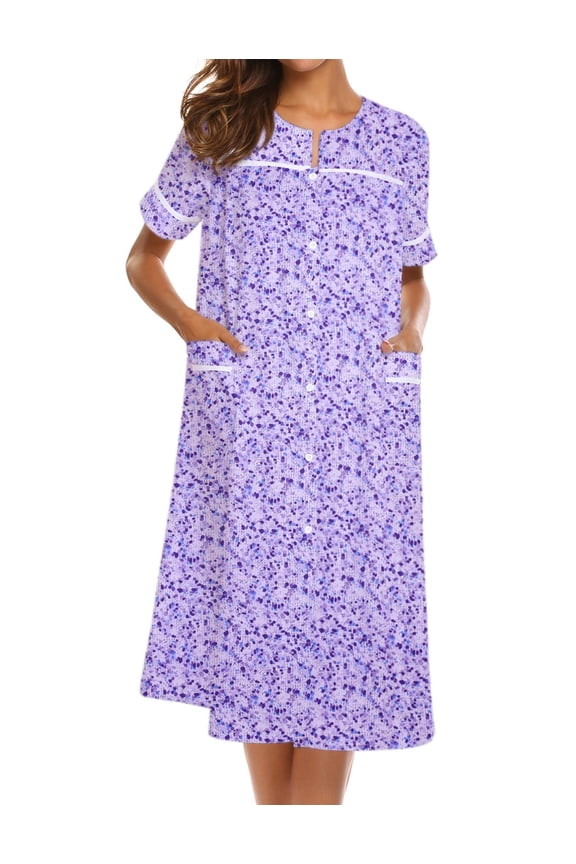 House Dress for Women with Pockets Button Down Duster Housecoat Short Sleeve Patio Dress Nightgown