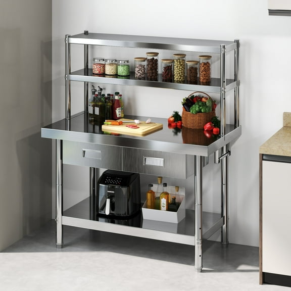 Uforic Stainless Steel Prep Table with Adjustable Overshelves, 2 Drawers, 48 x 24 Inch NSF Metal Work Table for Home, Kitchen, Restaurant