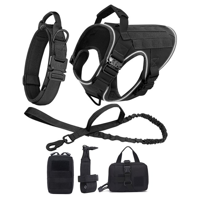 Reflective Dog Harness with 4 Metal Buckles Military Tactical Pet Training Vest Harnesses Leash Collar Large Dogs Accessories