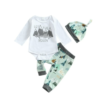 

Bagilaanoe 3pcs Newborn Baby Long Pants Set Letter Print Long Sleeve Romper Tops + Trousers + Hat 3M 6M 12M 18M Infant Casual Outfits