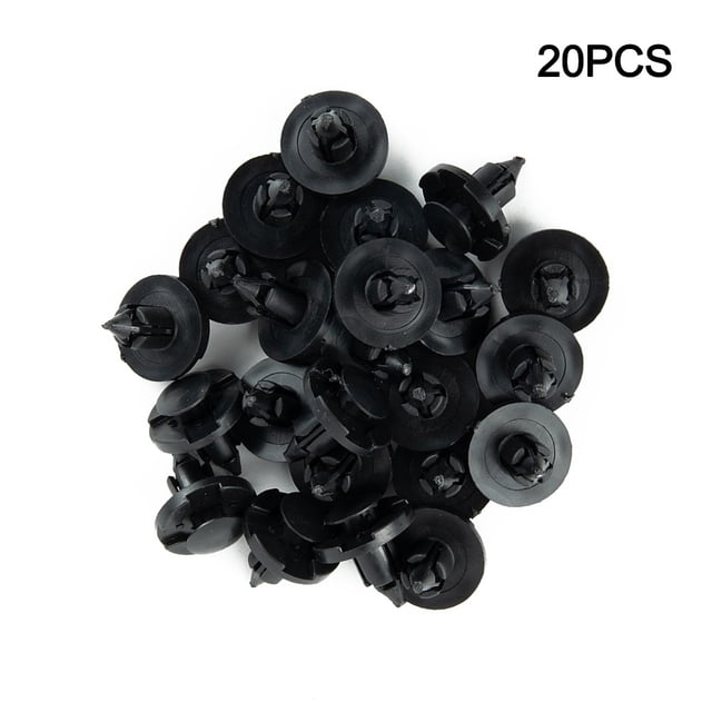 Bgsha 20pcs car plastic rivet fastener mud flaps bumper fender push clips in black, designed for Nissan vehicles. These clips are made of durable plastic and are commonly used for securing side skirts, bumpers, and trims with an 8mm hole diameter. The package includes 20 pieces, each with a total length of 22mm, a diameter of 20mm, and a stem length of 15mm. Suitable for use in cars, buses, trains, planes, trucks, and caravans.