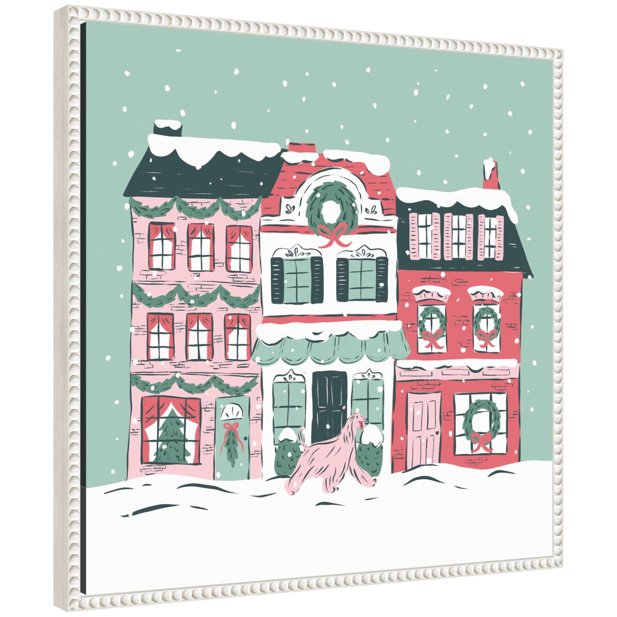 Kate and Laurel Framed Canvas Wall Art Print 'Snowy Christmas Village' by Krissy Mast, 22 x 22 Sylvie Beaded White Frame, Whimsical, Holiday Art for Wall Decor