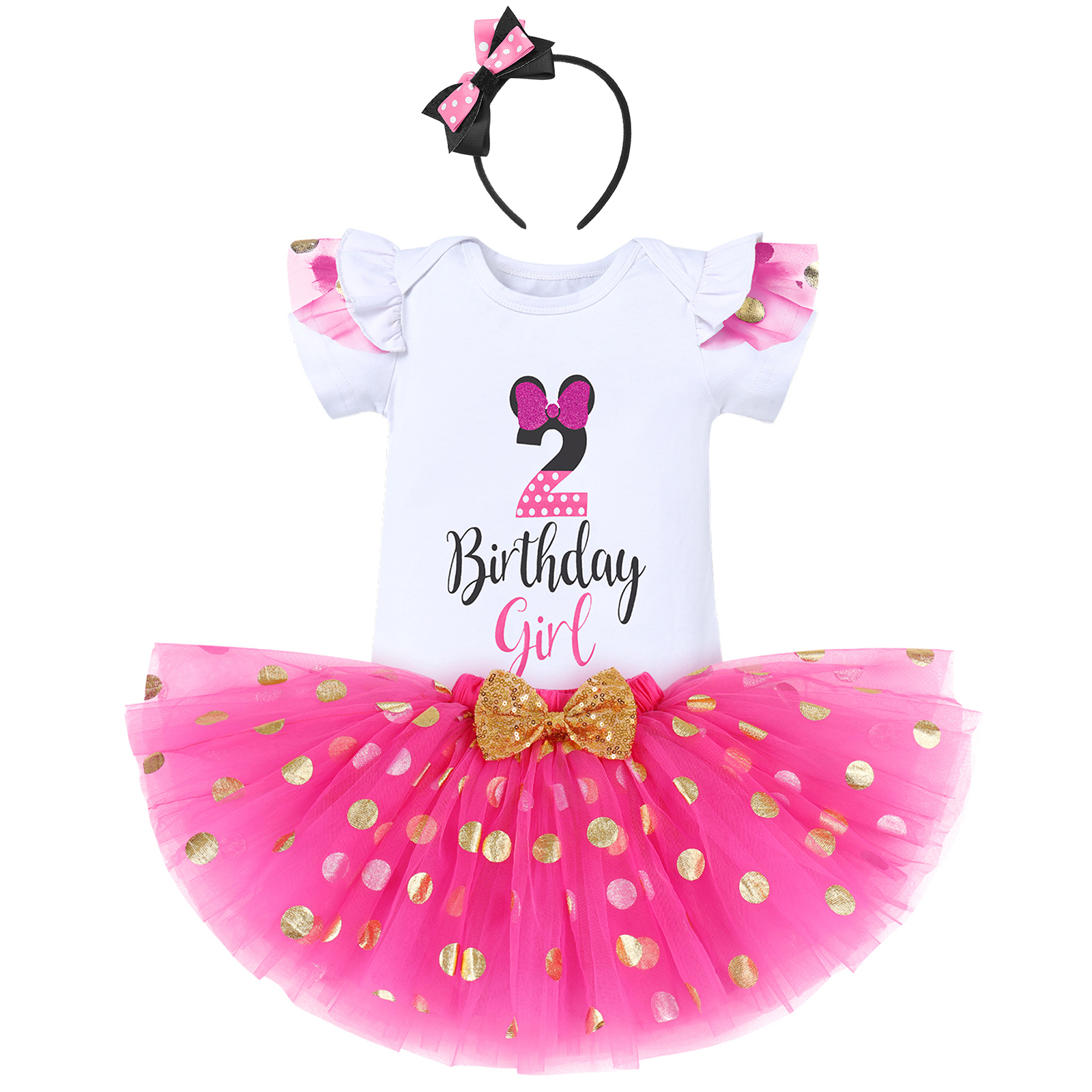 IBTOM CASTLE Toddler Girls 1st 2nd 3rd Birthday Outfit Princess Polka Dots Ruffle Tutu Skirt Mouse Headband Cake Smash Party Clothes Set 2 Years Hot Pink