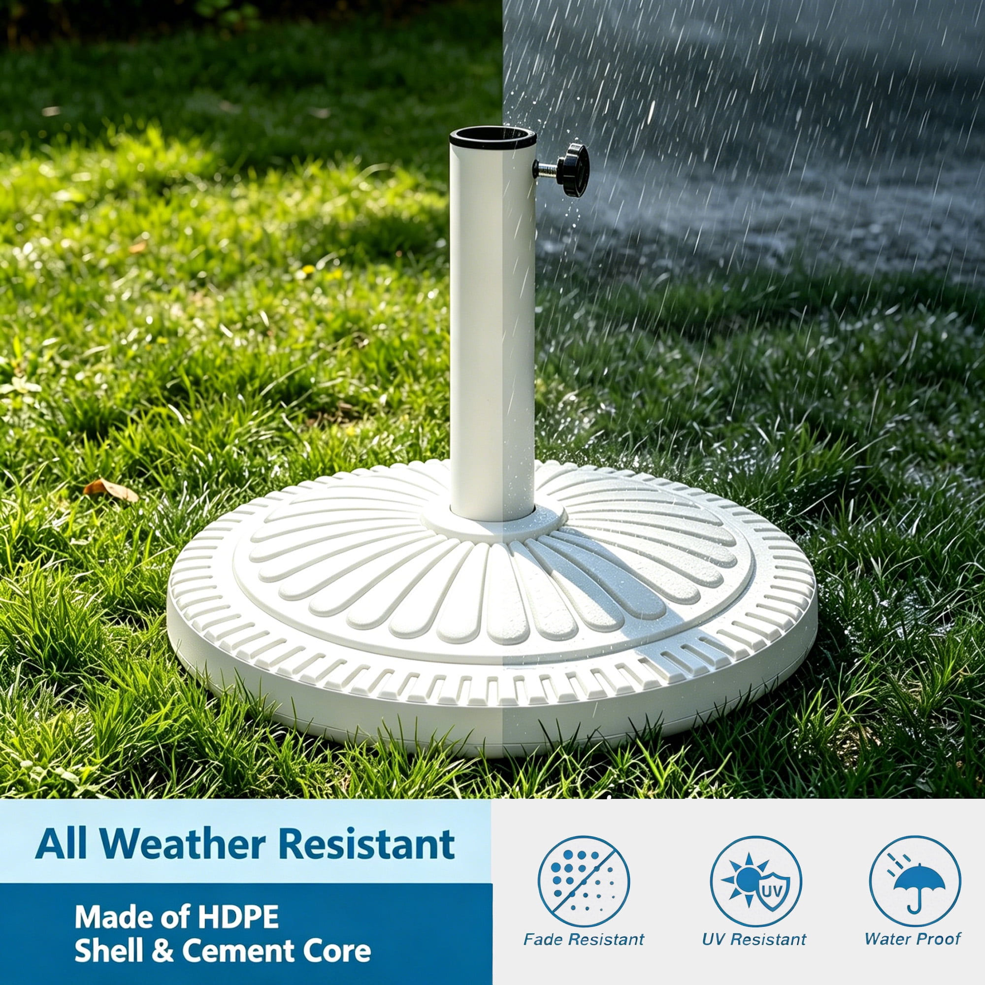 KOOL 22 LBS White Outdoor Patio Umbrella Base Stand – HDPE & Cement Weighted Umbrella Holder with Anti-Scratch Bottom