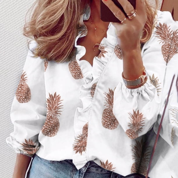 Puntoco Moda Mujer Cuello en V Camiseta de manga larga Estampado de verano Blusa suelta Volantes tops Puntoco Puntoco-3514