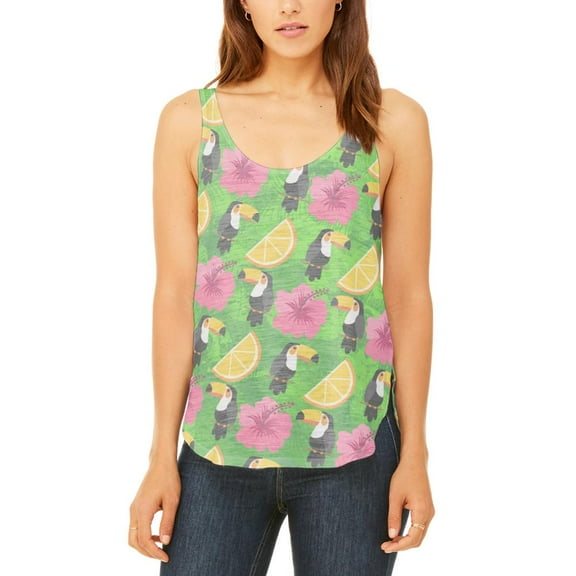 Tropical Vacation Toucan Pattern Juniors Flowy Side Slit Tank Top Multi MD