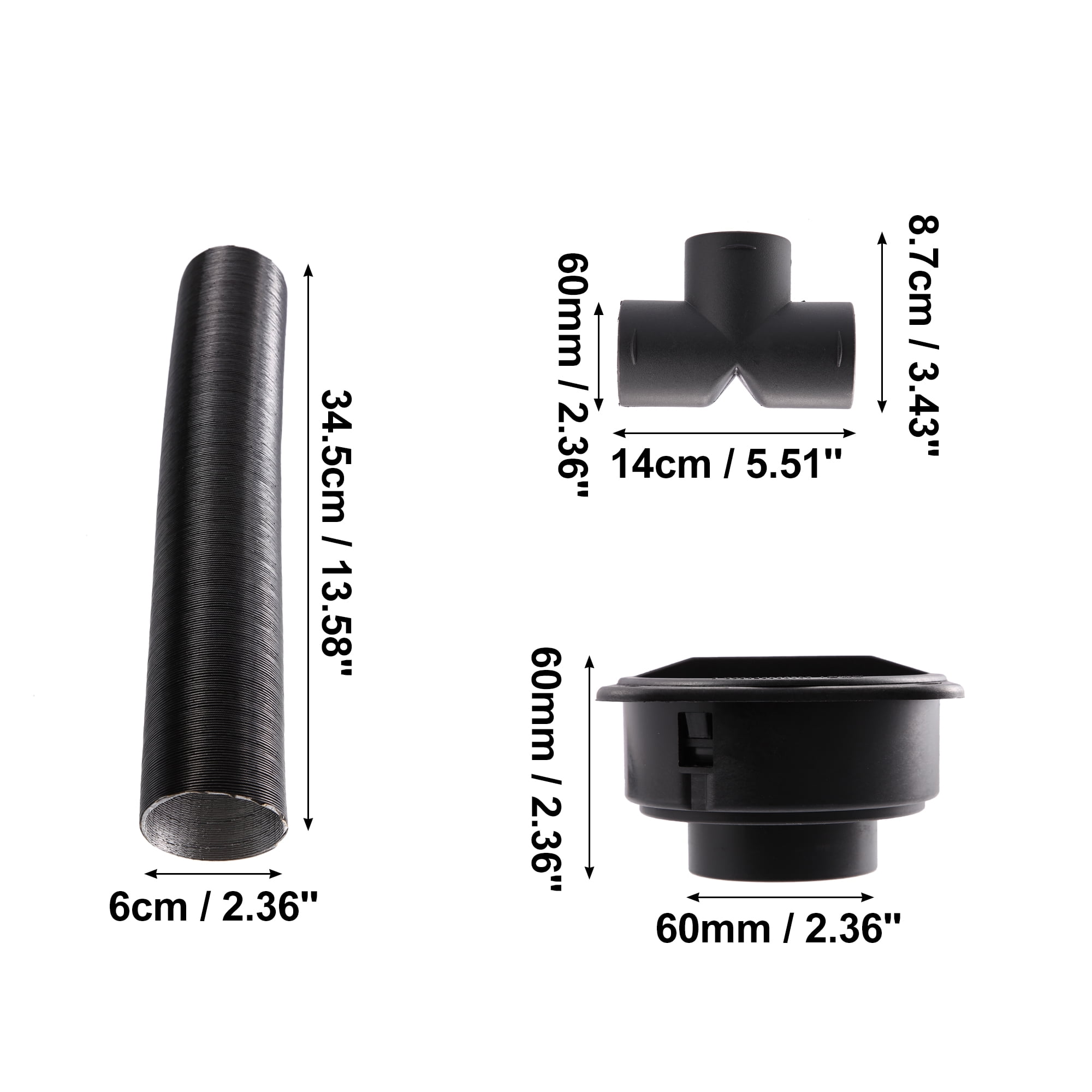 Unique Bargains 1 Set 60mm Auto Car Heater Duct Kit with Outlet Connector Air Vent Outlet Hose Clip Black Suit T Shape