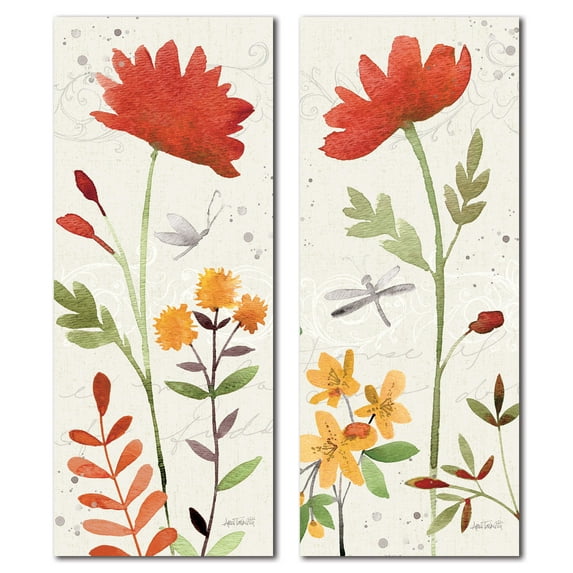 Beautiful Watercolor-Style Red Floral with Dragonflies by Anne Tavoletti; Two 8x20in Poster Prints