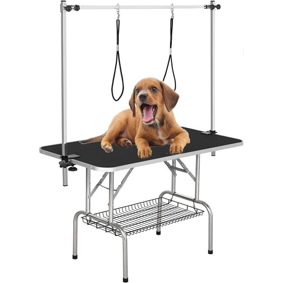 46" Dog Grooming Table Foldable Pet Grooming Tables with Adjustable Arm Noose Storage Mesh Tray Maximum Capacity Up to 330lbs Black