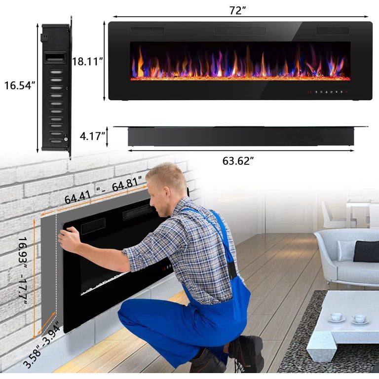 Waleaf 72 inch Ultra-Thin Silence Linear Electric Fireplace Inserts,  Recessed Wall Mounted Fireplace, Fit for 2 x 4 and 2 x 6 Stud, Adjustable  Flame Color u0026 Speed,Touch Screen Remote Control 8h