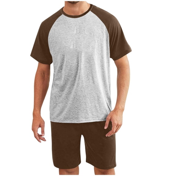 Ceisia Men's 2-Piece Short Sleeve Pajama Set Raglan Contrast Color Sleepwear Lounge Top and Shorts Coffee XXL Gifts for Father