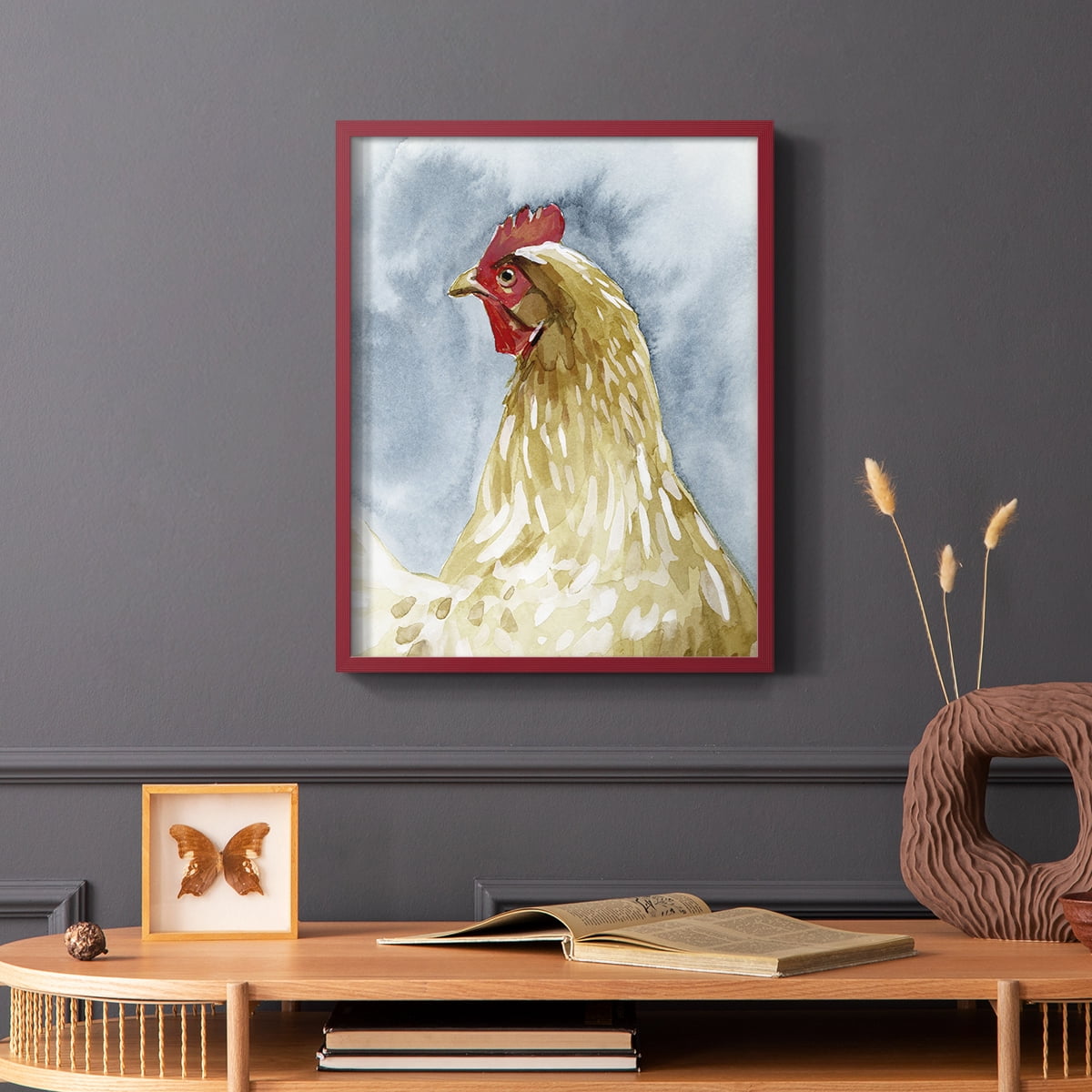 Chicken Portrait I Framed Print in Red Solid Wood Framed Print No Nail Hanging
