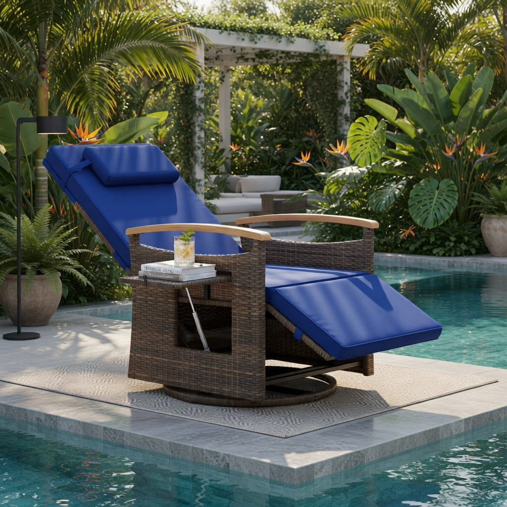 Hommoo 360° Swivel Rattan Recliner Chair with Adjustable Backrest & Footrest, Cushion, PE Wicker, Acacia Wood Frame, Outdoor Patio Lounge Chair, Navy