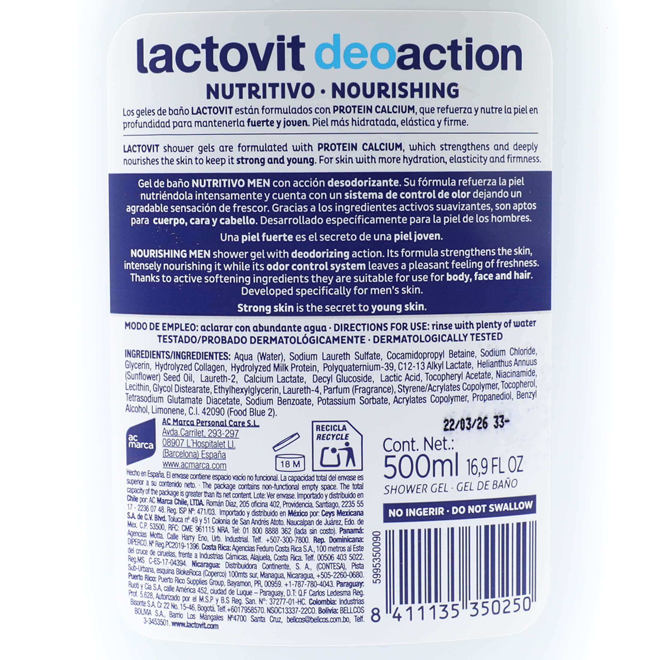Lactovit Men 3 in 1 Shower Gel Deoaction for Normal to Dry Skin 500ml Bottle, Unscented