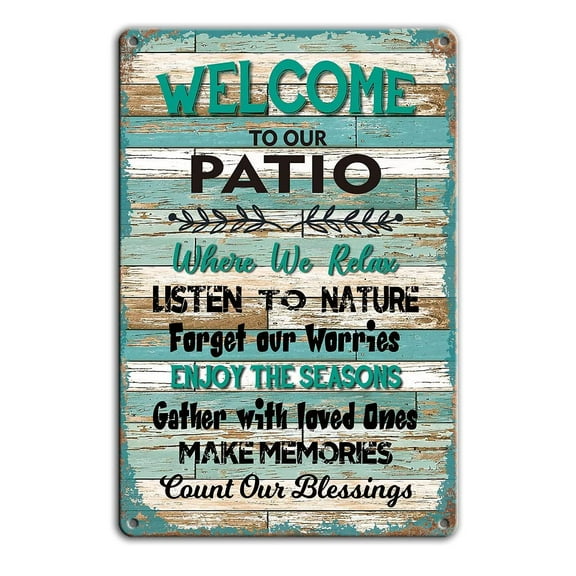 Size: 12x8 Inches Funny Home Wall Decor Vintage Metal Sign Welcome to Our Patio Where We Relax Metal Tin Signs Retro Farmhouse Home Outdoor Signs Wall Decor