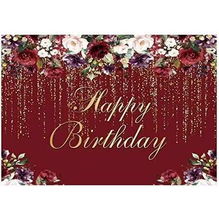 YOITEA 7x5ft Happy Birthday Party Backdrop Burgundy Red Flowers Golden ...