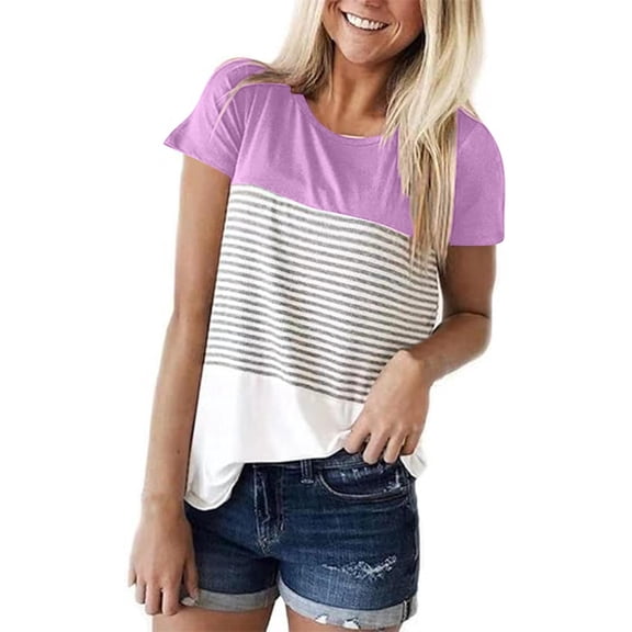 Summer Fashion Shirts for Womens Plus Size Contrasting Striped Printed Short Sleeved Round Neck Pullover Top