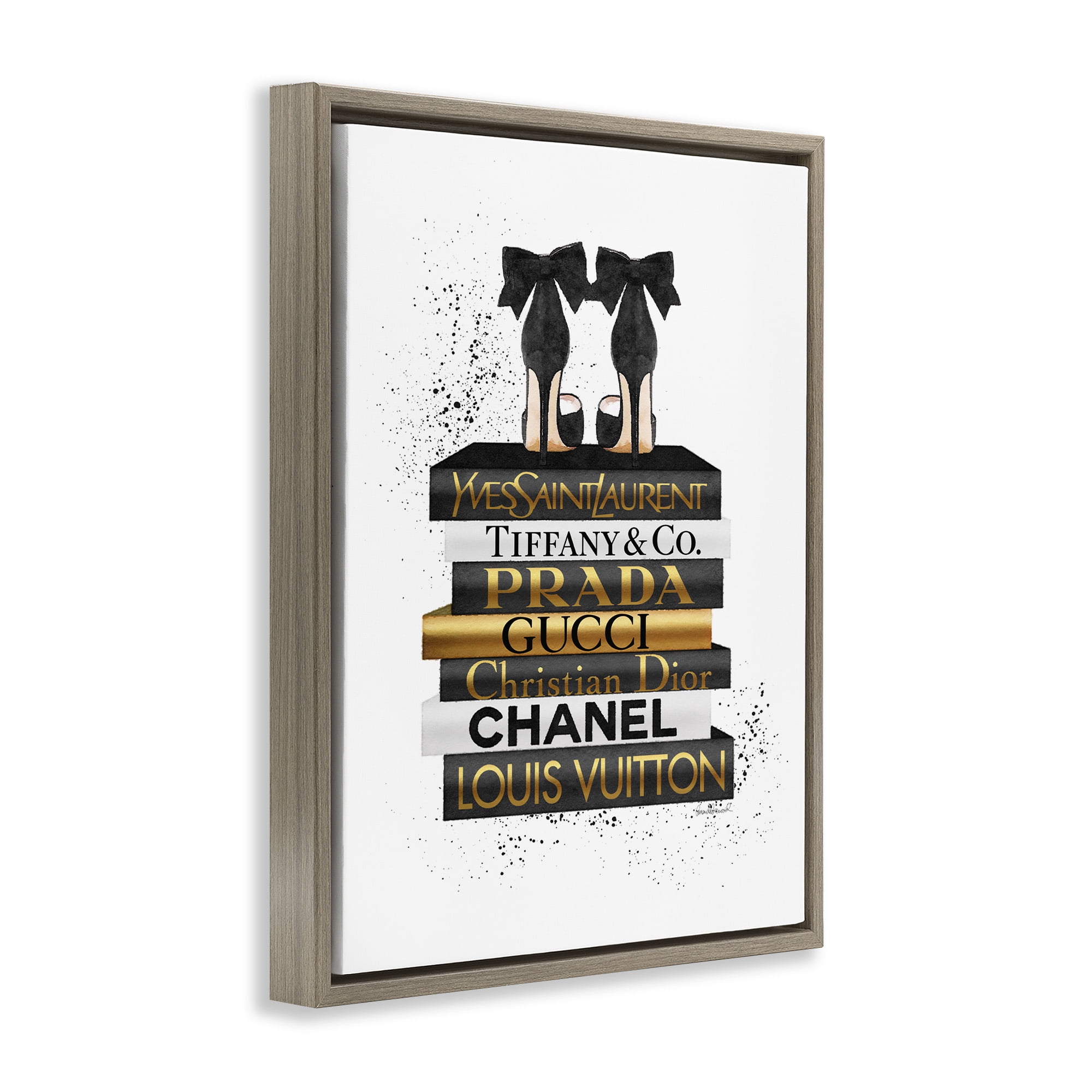 Stupell Industries Black Gold White Glam Bookstack Beauty & Fashion Painting Brown Floater Framed Canvas Art Print Wall Art, 25 x 31