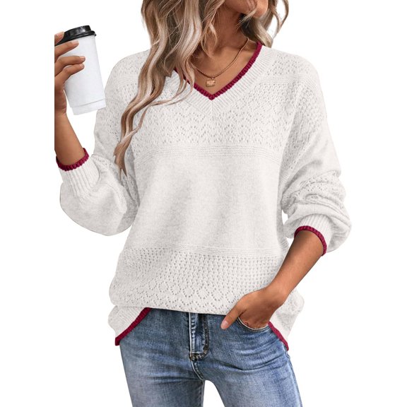 Eytino Sweaters for Women V Neck Sweater Lightweight Crochet Sweater Casual Long Sleeve Hollow Out Knit Sweater Fall Pullover Sweater Tops for Women Oversized Sweaters White M