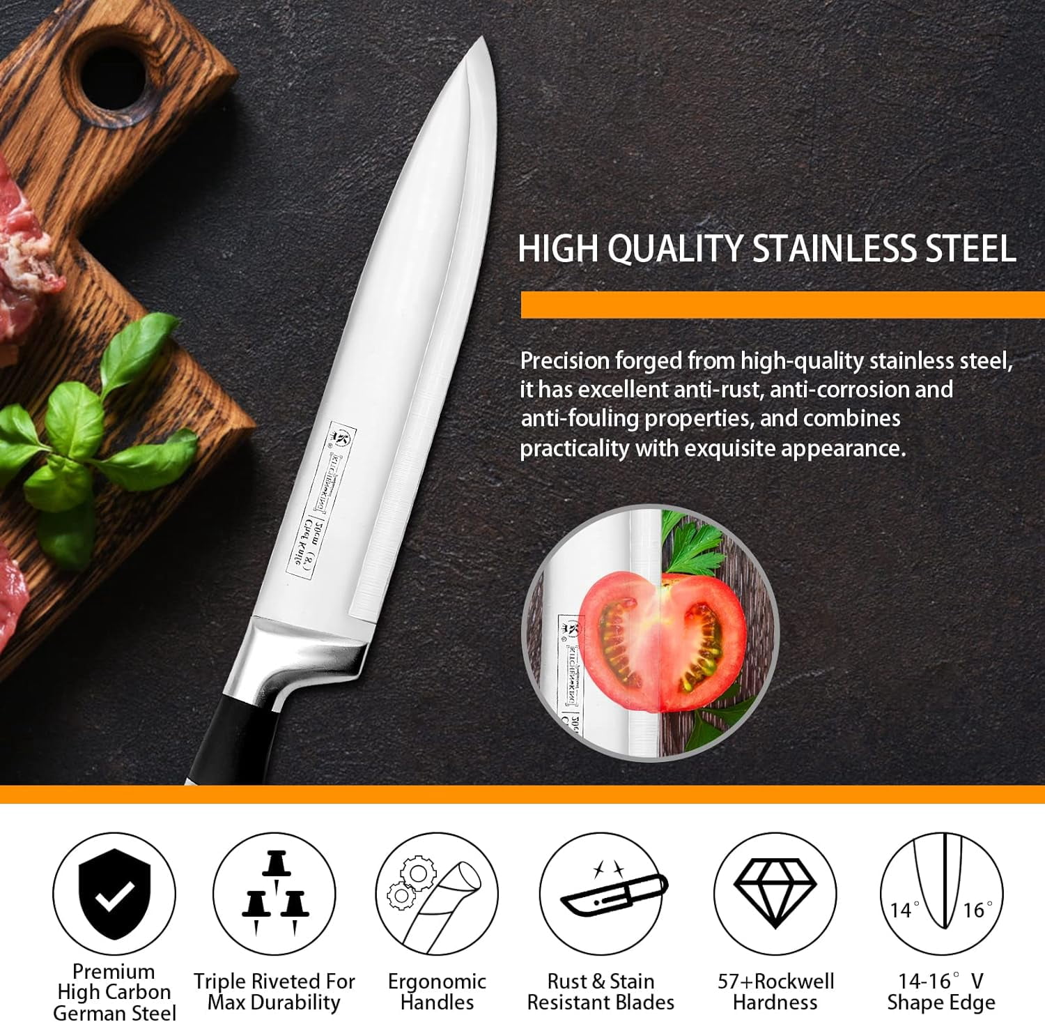 Kitchen Knife Set, 9-Pieces Black Sharp Non-Stick Coated Chef Knives Block Set, Stainless Steel Knife Set for Kitchen with Sharpener for Cutting Slicing Dicing Chopping