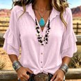 thumbnail image 3 of ClodeEU Women's Linen Blend Button 3/4 Sleeve Shirt with Tiered Ruffle ,Solid Color Casual Blouse Pink,Women's Plus XL, 3 of 7