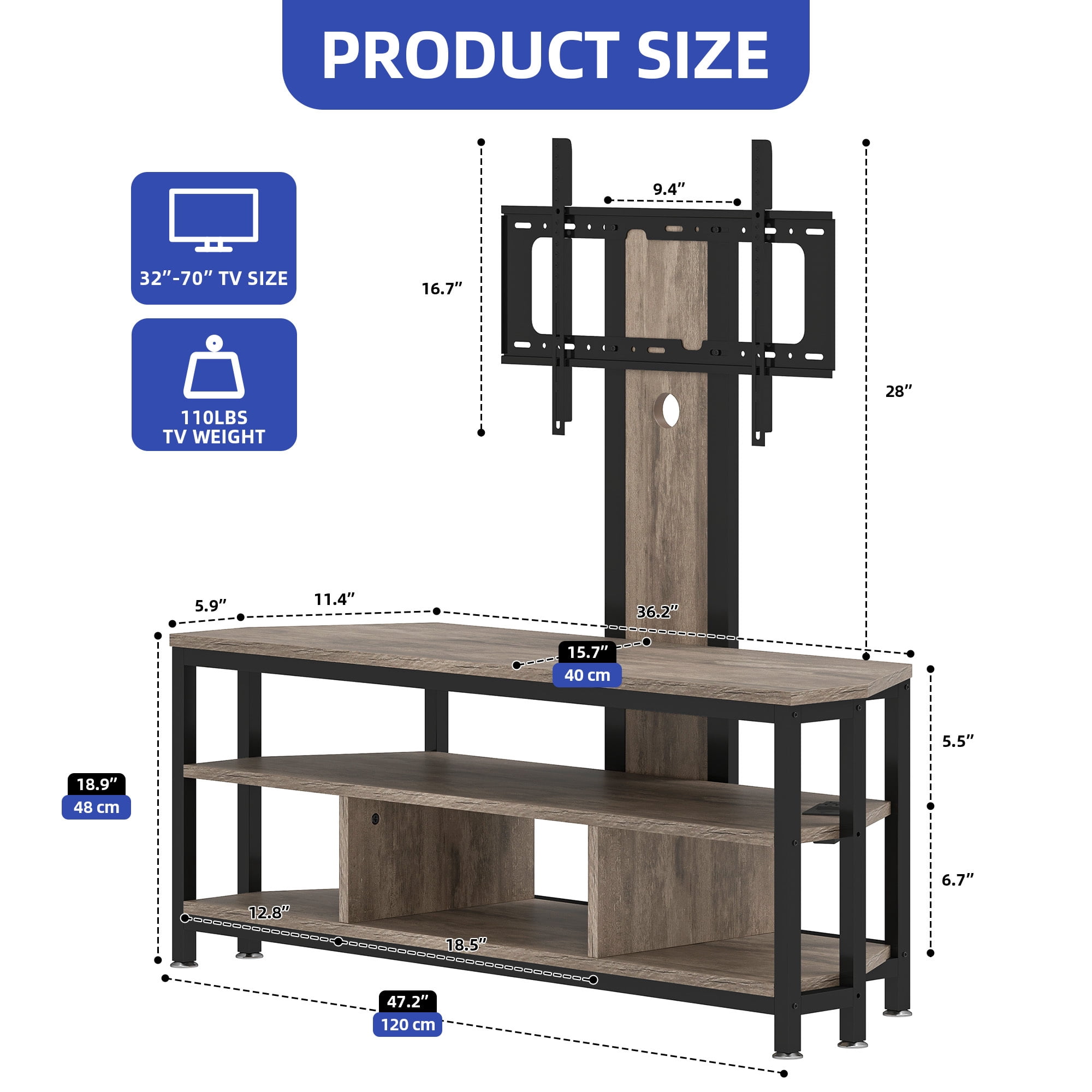 Uforic Height Adjustable TV Stand Mount with Power Outlet with LED Lights for TVs up to 70 inches, Gray