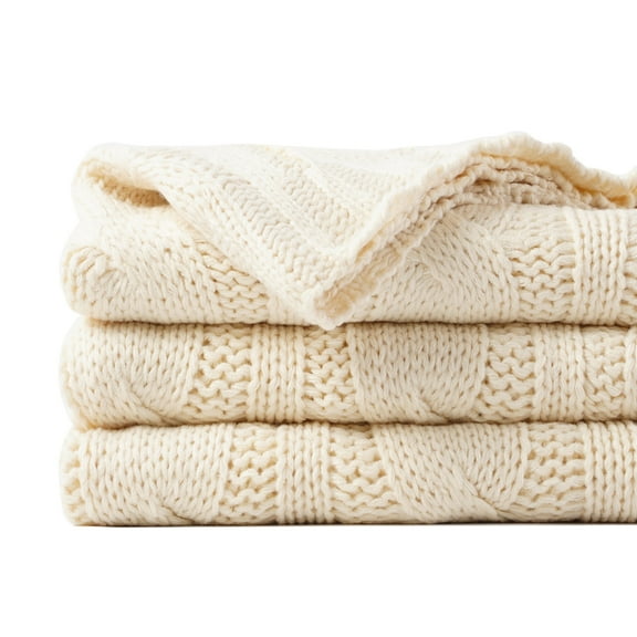 Cream Cable Knit Blankets, White Herringbone Decorative Knitted Throw,Housewarming Gifts,50"x60"
