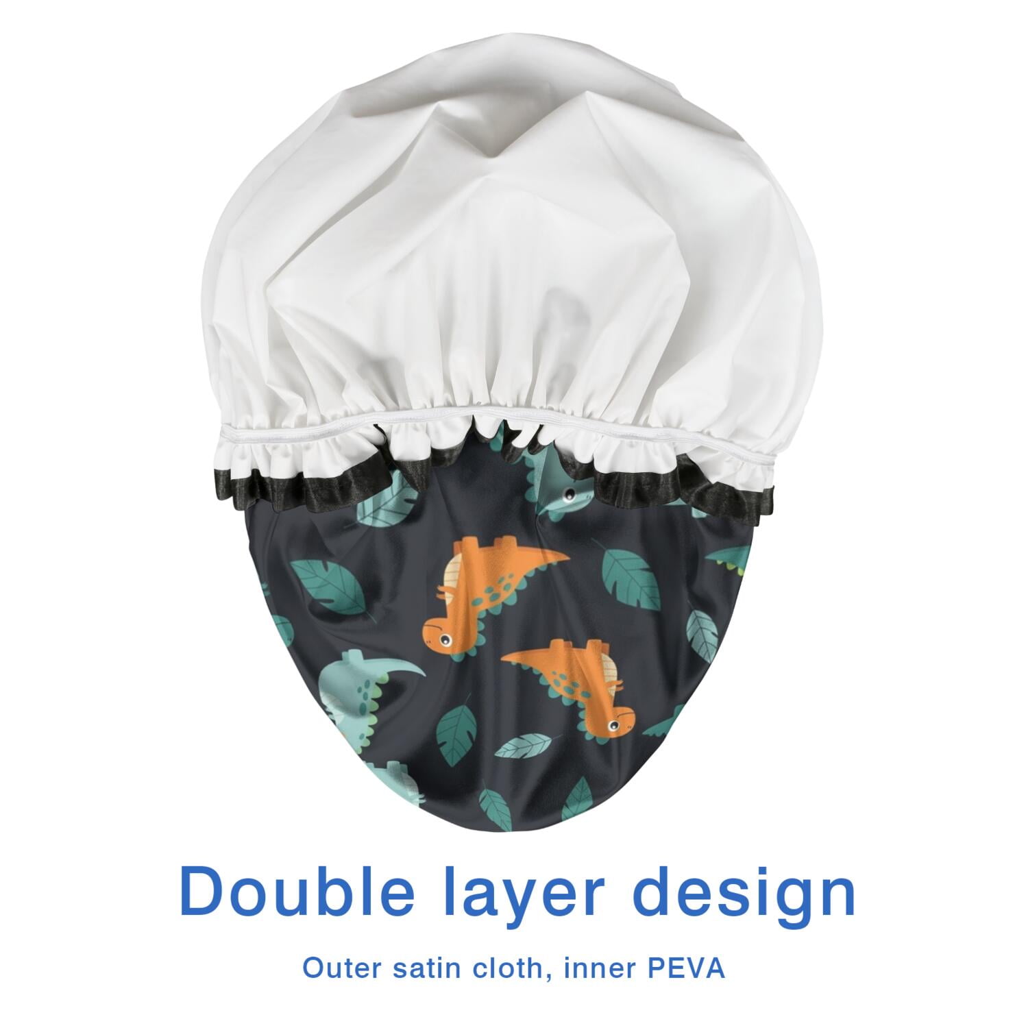 Shower Caps,Black Dinosaurs Leaves Pattern Waterproof Shower Cap for Women 4 Pieces,Double Reusable Hair Cover for Shower PEVA Elastic Stretch Hem