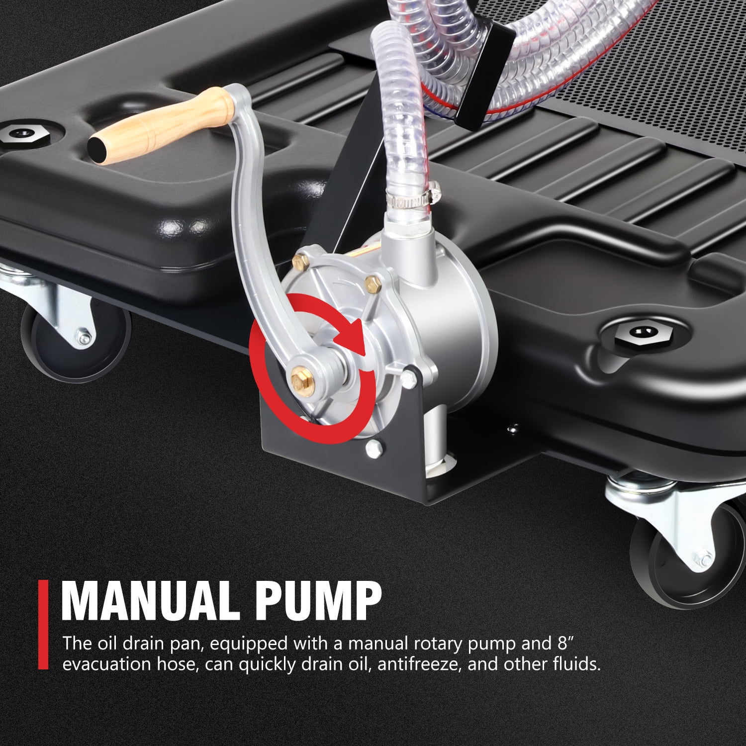 DNA Motoring TOOLS-00384 17 Gallon Portable Car Truck Low Profile Manual Pump Oil Drain Pan With Manual Pump & Wheels Black