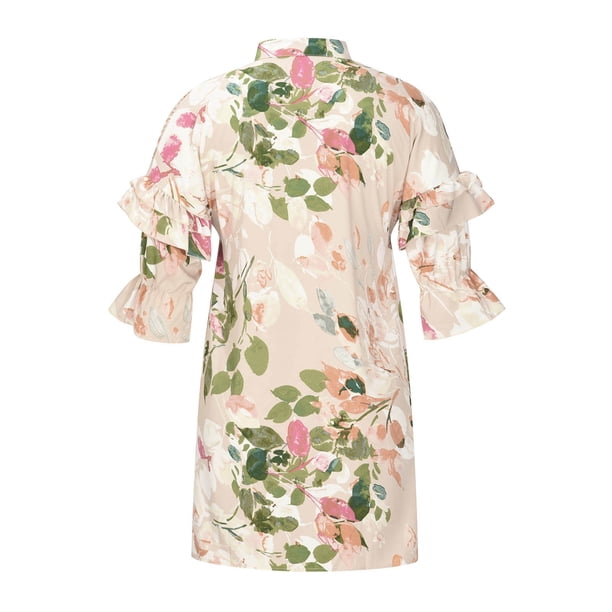 Ussuma Tropical Print Short Beach Dresses for Women Casual Summer V Neck Half Sleeve Plus Mini Sundresses Women Pleated Button Down T Shirt Loose