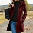 thumbnail image 2 of Women's Wool Blend Coat Mid-Length Lapel Button Down Trench Coat with Hood Pocketed Woolen Hooded Overcoat for Fall Winter Daily Wear(Wine,L), 2 of 6