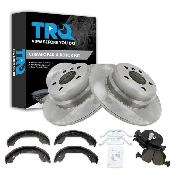 TRQ Rear Brake Pad & Rotor Kit Brake Pads Brake Rotor Parking Brake Shoe Set Ceramic Fits Select 2000-2006 BMW X5