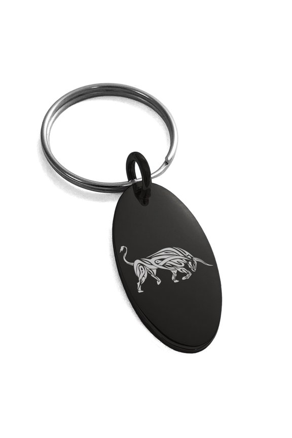 Stainless Steel Celtic Bull Rune Engraved Small Oval Charm Keychain Keyring