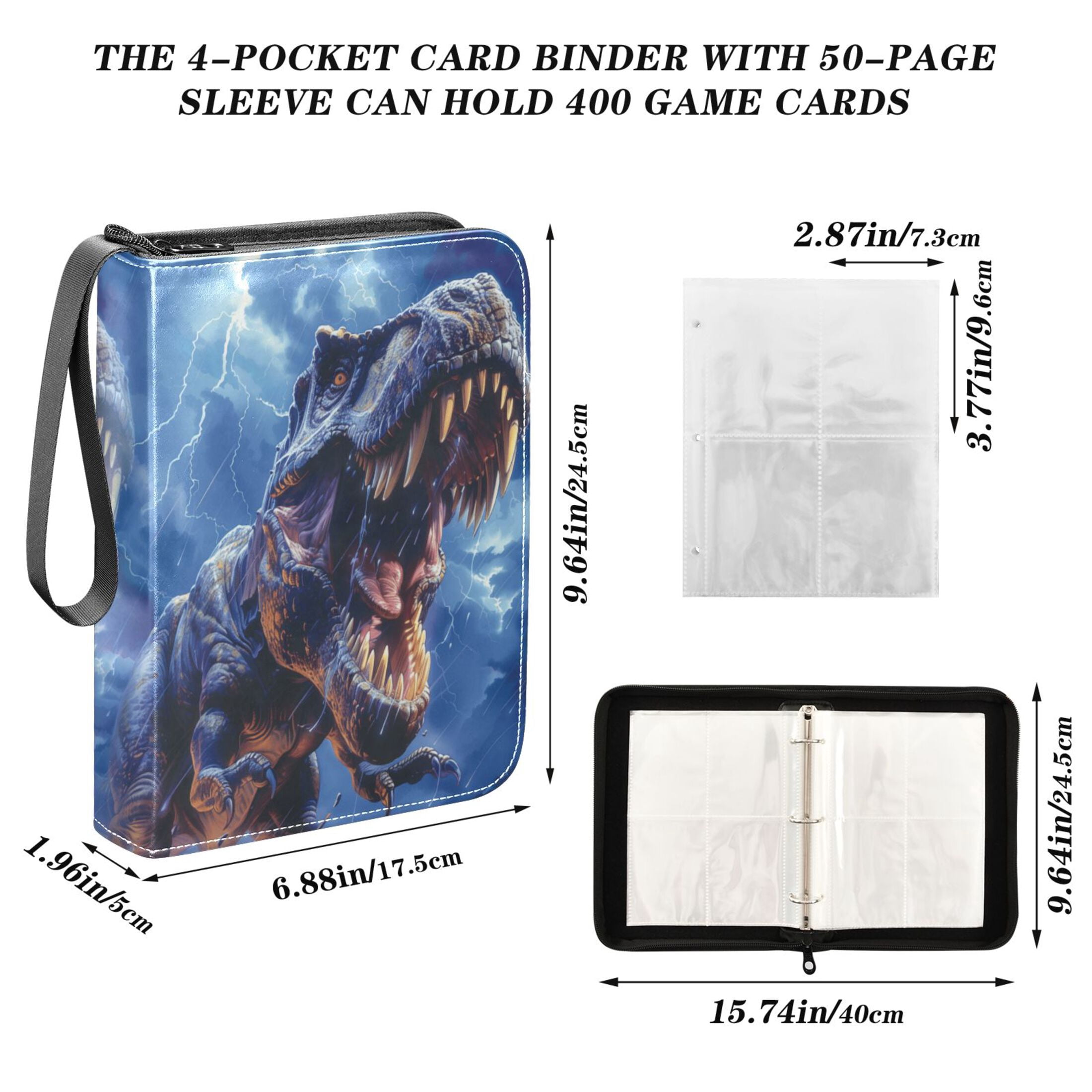 Trading Card Binder Album 400 Pockets 50 Removable 4-Pocket Pages Waterproof Fierce Dinosaurs in Thunderstorm