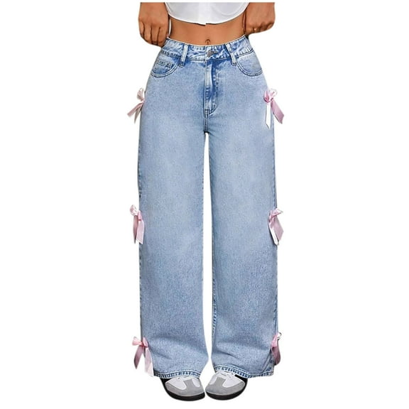 Jeans For Women, High Waist Straight Leg Zipped Button-Up Denim Pants With Pockets Bow Decorations On The Sides (XS, Light Blue)
