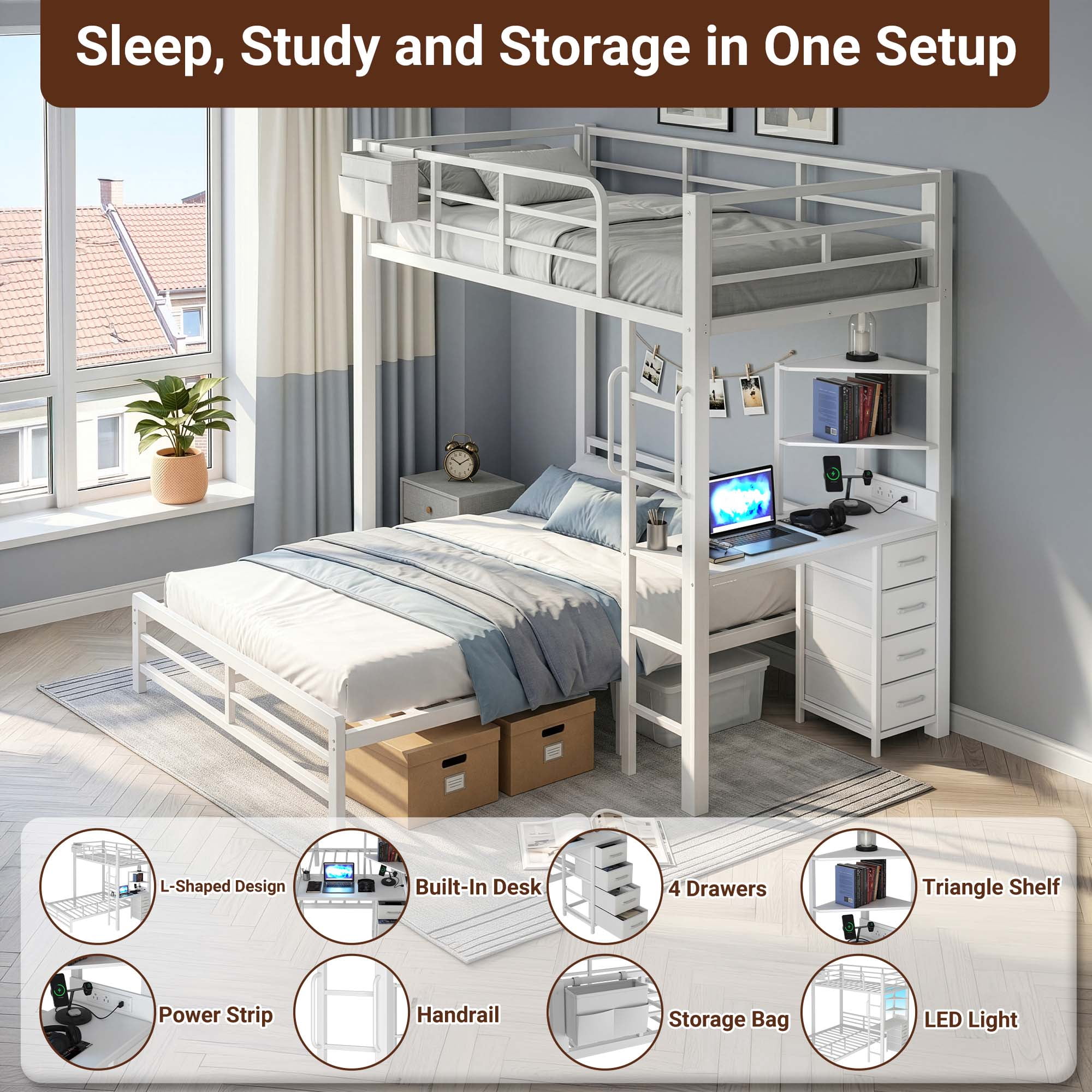 Miniyam Twin over Full Metal Bunk Bed with Desk and Storage, White