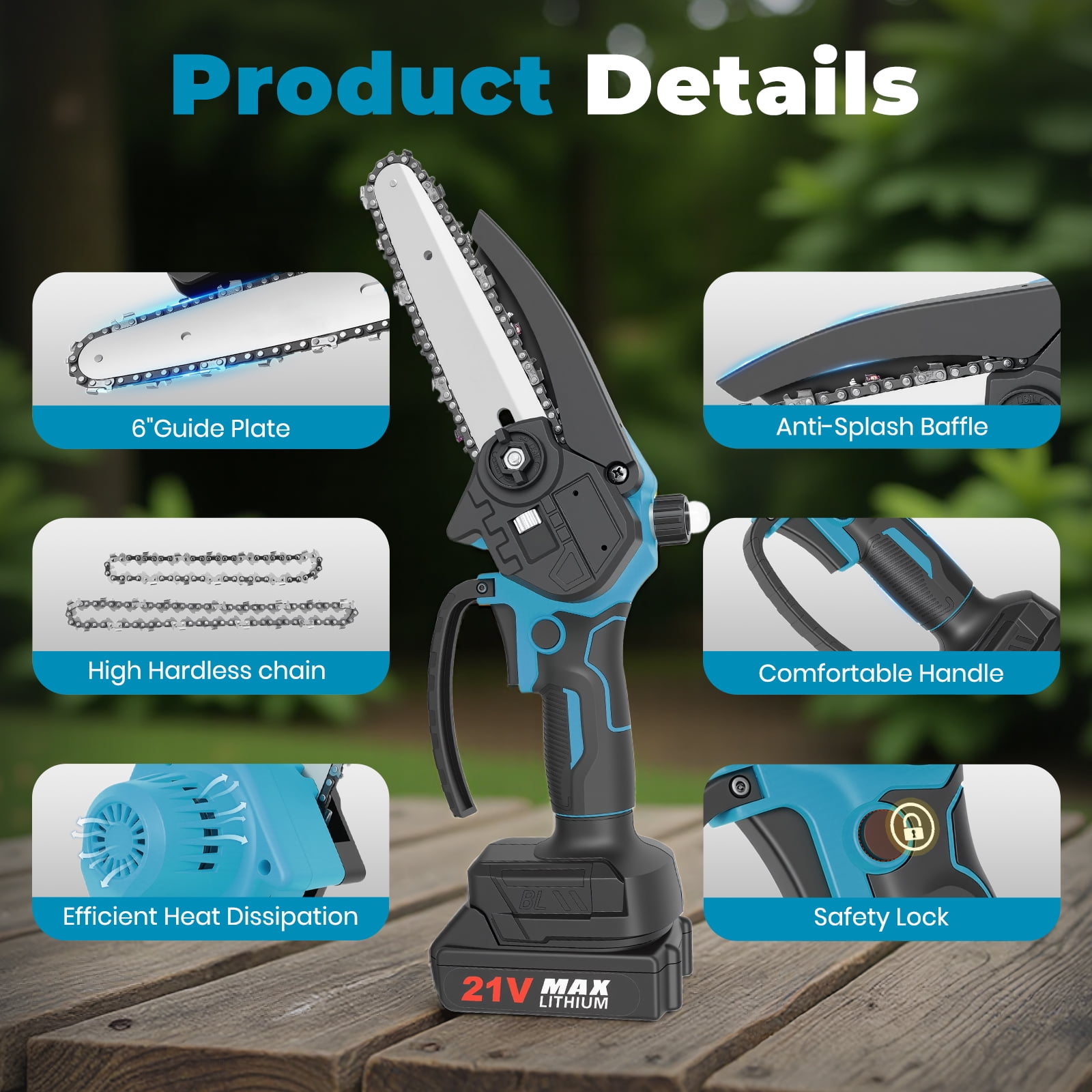 BAOKALER 6 inch Cordless Mini Chainsaw with 2x2000mAh Batteries, Portable Handheld Electric Chain Saw, Blue