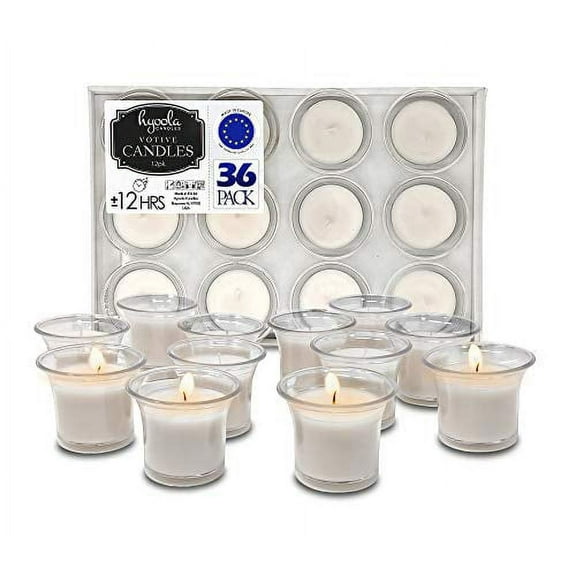 Hyoola Bulk Unscented 12 Hour White Votive Candles in Clear Plastic Cups, Paraffin Wax with Cotton Wicks, 36-Pack