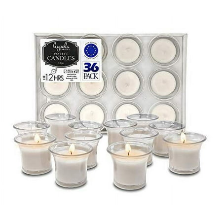 Hyoola Bulk Unscented 12 Hour White Votive Candles in Clear Plastic Cups Paraffin Wax with Cotton Wicks 36-Pack
