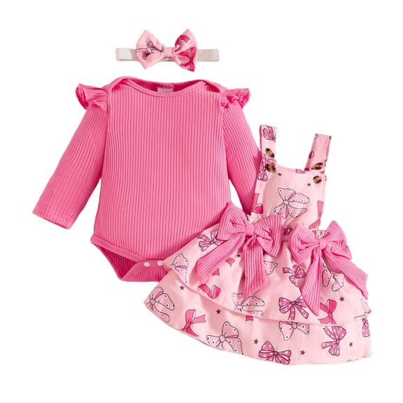 IVEYRTF Infant Toddler Kids Cute Print Long Sleeve Bodysuit and Pinafore Dress Set with Headband Fall Winter Soft Comfortable Homewear 3-Piece Outfit(Hot Pink,9 Months)