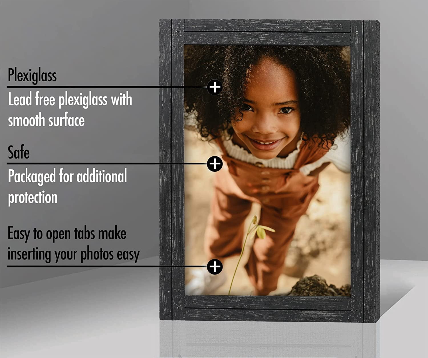Americanflat 12x18 Rustic Picture Frame in Charcoal Black with Textured Wood and Plexiglass frame cover - Horizontal and Vertical Formats for Wall - Farmhouse Style