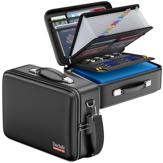 Caja para documentos ignífuga DocSafe 39 x 29 x 13 cm con cierre y correa para el hombro