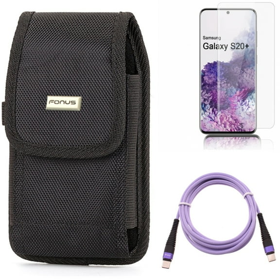 Purple 10ft PD Cable w Case Belt Clip w Screen Protector for Samsung Galaxy S20 Plus - Type-C to USB-C Fast Charger Cord Extra Long, Rugged Holster Canvas, Tempered Glass fits Galaxy S20 Plus