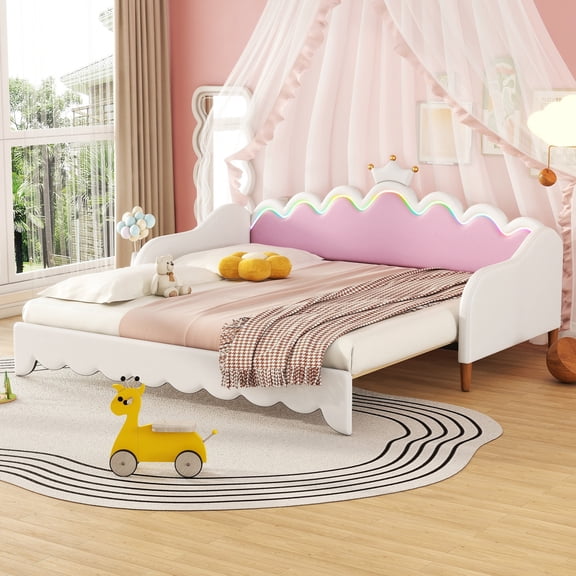 Noble House Twin Extending Daybed with LED Lights, Upholstered Princess Bed with Crown Headboard, White