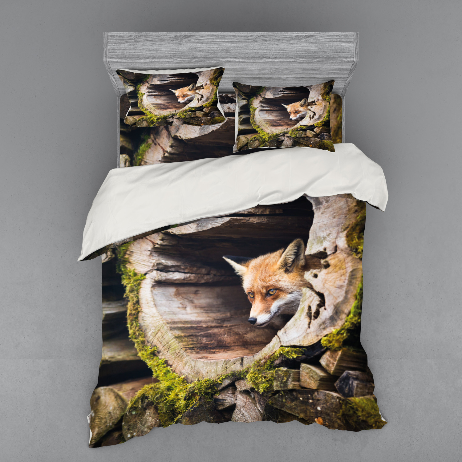 Animal Duvet Cover Set, Forest Nature Wild Fox with Hazel Eyes in a Wooden Carved Tree with Moss
